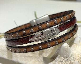 Leather Cuff Bracelet-Three Stranded-Studded Leather with Mini Silver Feather-Tobacco Brown-Indian Feather Center Focal-Magnetic Clasp
