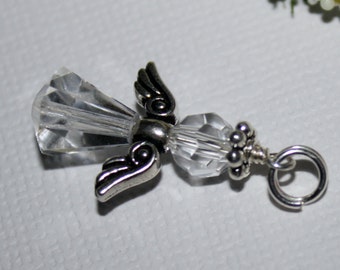 Angel Charm-Swarovski Clear Crystal Charm Dangle-Angelic Attachable Charm-Split Ring Charm-Collar-Bracelet Charm-Angel Wings-Beaded Angel