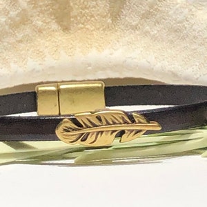 Bracelet-Mini Brass Feather Focal-5mm Dark Brown Flat Leather Cuff With Feather Slider-Magnetic Clasp Boho Bracelet-Minimalist-Unisex Cuff
