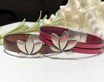 Bracelet - Lotus Flower Slider on Brown or Two Strand Pink Flat Leather With Magnetic Clasp-Wrist Size 7-Double Strand Leather Bracelet-Boho