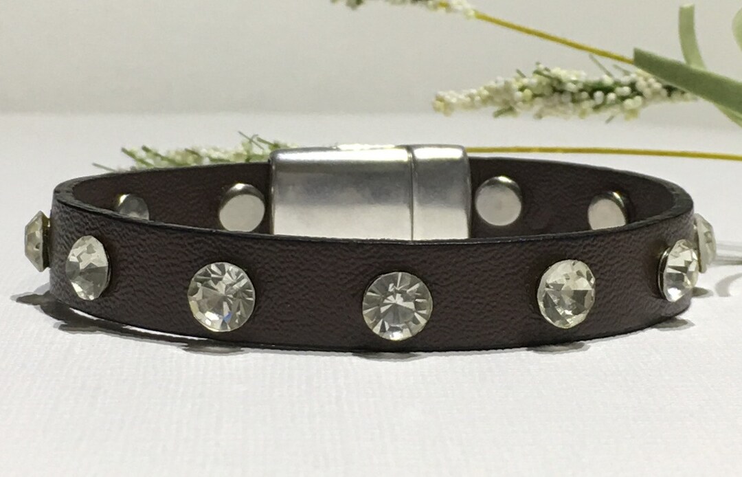 Braceletvegan Leather Cuff10mm Dark Brown Vegan Leather With Crystal
