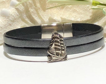 Bracelet-Full Size Sailboat Double Strand Metallic Gunmetal Flat Leather-Magnetic Clasp-Sailboat Lover-Sailboat Jewelry-Sailboat-Nautical