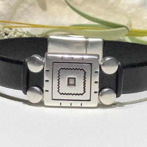 Bracelet-Tribal Inspired Square Slider with Circle Bar Sliders on Black Flat Leather With Magnetic Clasp-Boho Cuff Bracelet-Black and Silver