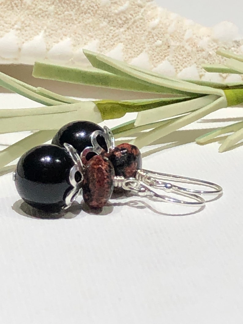 Earrings-Black Pearl Mexican Red Snowflake Jasper Gemstone Sterling Silver Ear Wires-Black Clay Red Short Drop Dangle-Just Over One Inch-Her