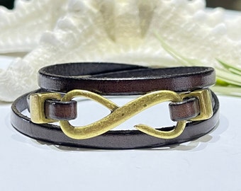 Bracelet-Triple Wrap Cuff-Infinity Focal Clasp-Brown and Antiqued Brass-Size 7-Boho Jewelry-Thin Flat Leather-Wrapped-Love-Friendship-Her