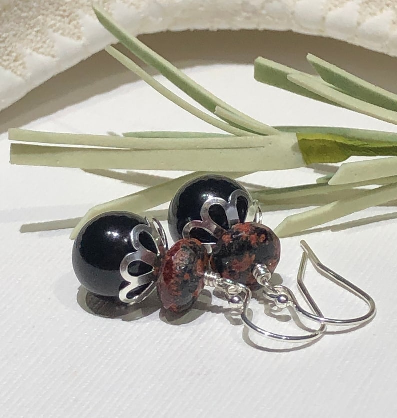 Earrings-Black Pearl Mexican Red Snowflake Jasper Gemstone Sterling Silver Ear Wires-Black Clay Red Short Drop Dangle-Just Over One Inch-Her