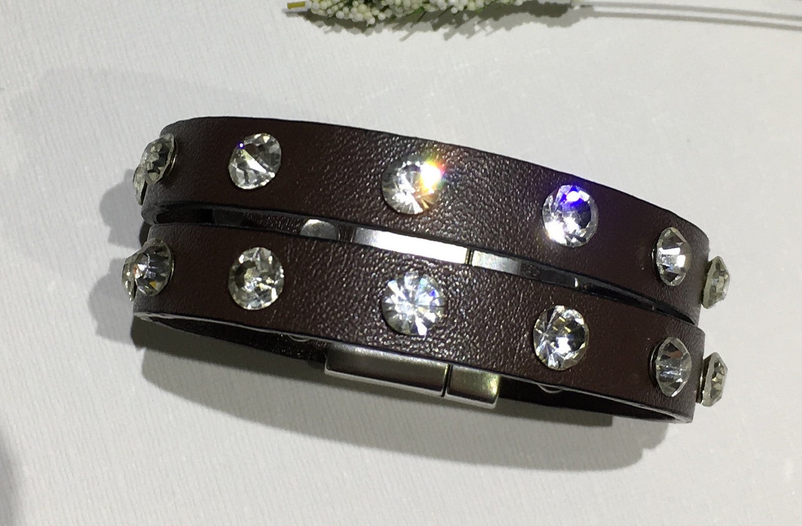 Braceletvegan Leather Cuffdark Brown Flat Leatherclear Crystal