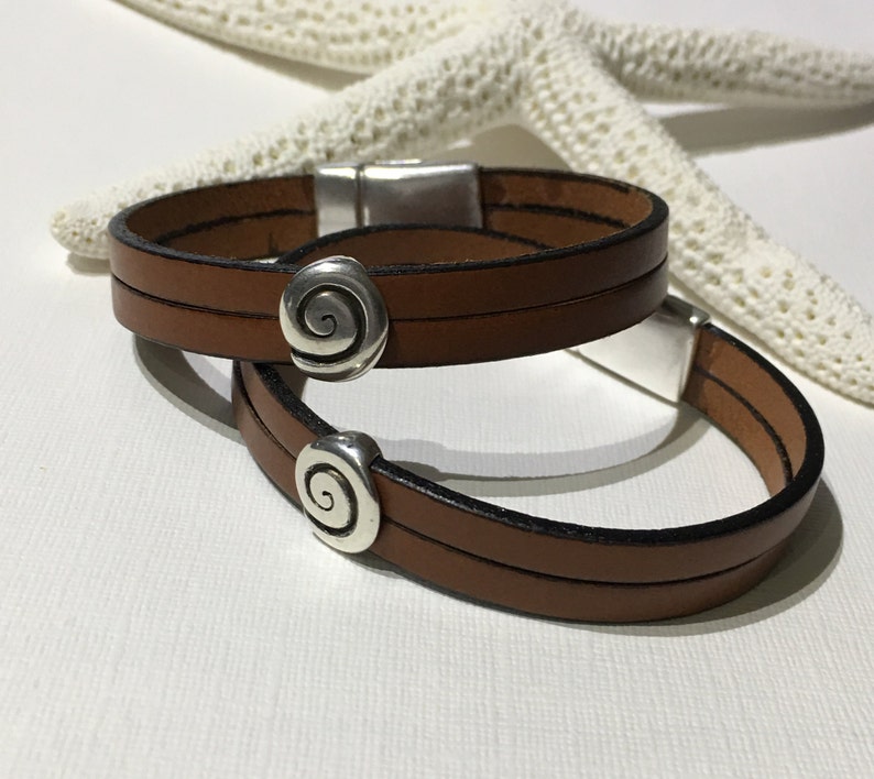 Braceletdouble Strand Brown Flat Leather Cuff With Sea Shell Etsy