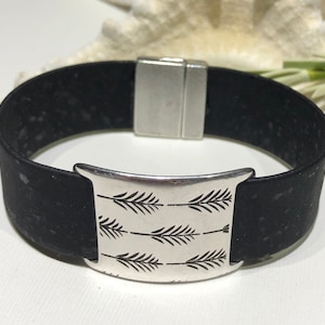Black Cork Cuff Bracelet: Silver Leaf Slider, Vegan Boho Jewelry