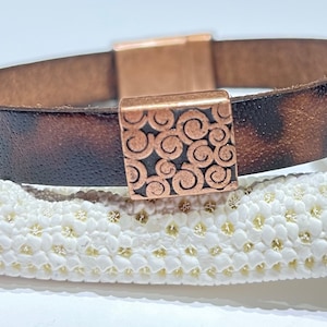Cheetah Print Leather Cuff Bracelet: Antique Copper Floral Boho Magnetic Clasp
