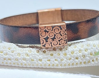 Bracelet - Cheetah Print Leather Cuff Bracelet-Antique Copper Floral Focal on Cheetah Print Flat Leather-Magnetic Boho Cuff Bracelet-7 Wrist