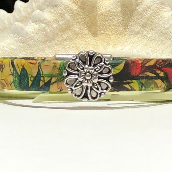 Bracelet-10mm Cork Cuff-Antiqued Silver Flower Focal-Mixed Color Portuguese Cork With Silver Flower Focal Slider-Magnetic Clasp-Size 7-Vegan