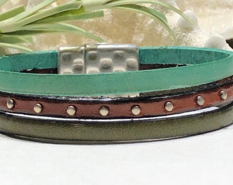Bracelet - Triple Strand Flat Leather Bracelet-Turquoise Olive Green and Studded Tobacco Brown Flat Leather Cuff-Bracelet Size 7 3/4 Inches