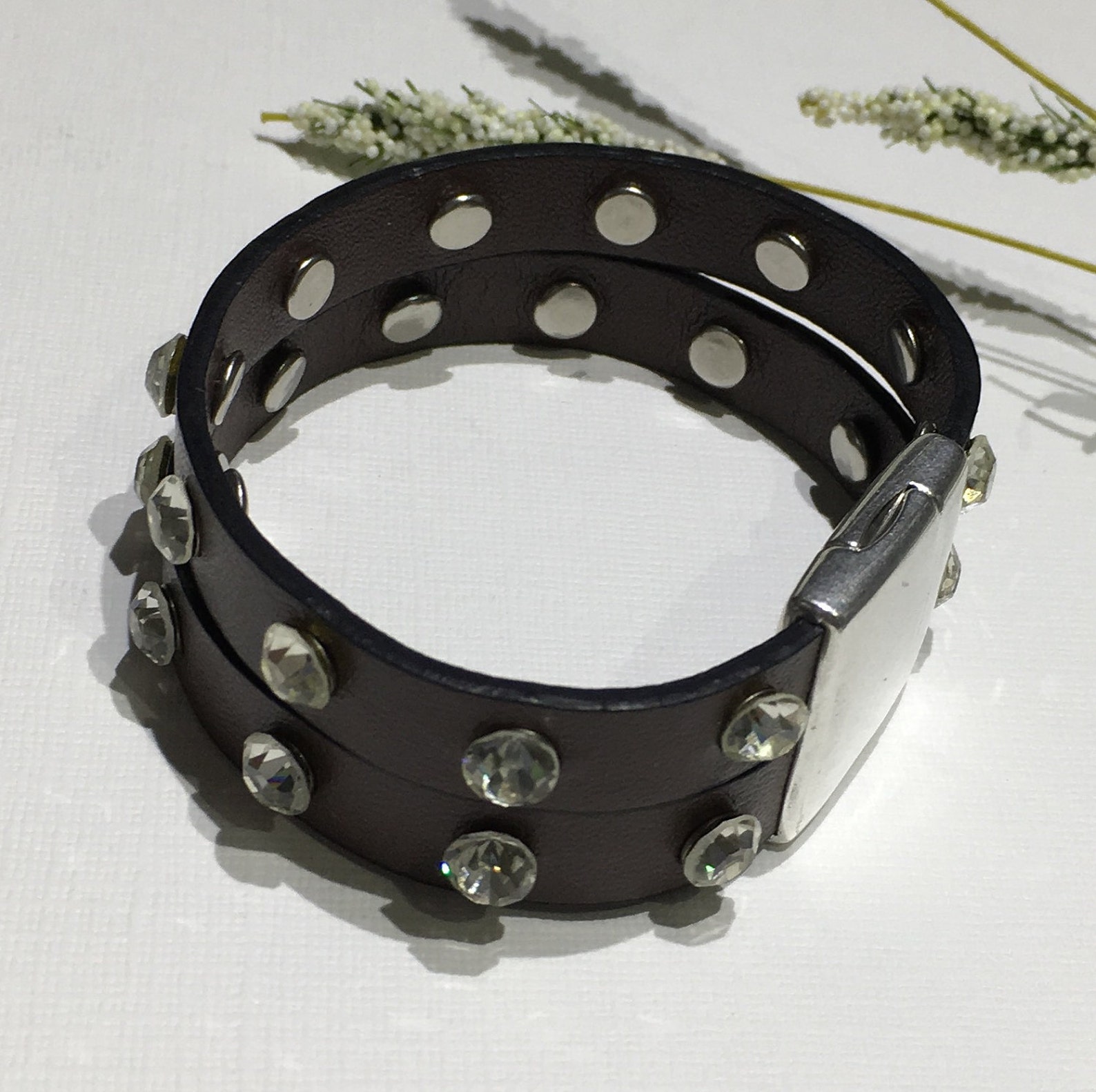 Braceletvegan Leather Cuffdark Brown Flat Leatherclear Crystal