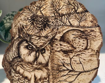 Placa de coruja-orelhuda pirografada – Arte em pirografia feita à mão