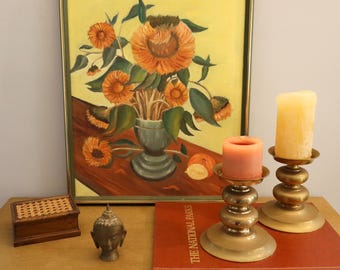 Par de candelabros de latón vintage con púas / Candelabros dorados / Decoración ecléctica bohemia