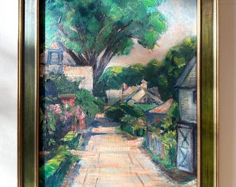 Óleo vintage sobre lienzo de una pequeña aldea o cabaña, decoración del hogar o pintura de paisaje