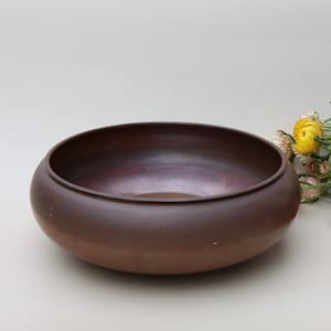 May include: A round, brown bowl with a wide rim. The bowl has a smooth, matte finish and a slightly reflective interior. The bowl is empty and sits on a neutral background. A few flowers are visible in the background.