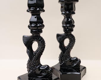 Pair of Vintage Westmoreland Black Milk Glass Koi Fish Figural Candlestick Holders