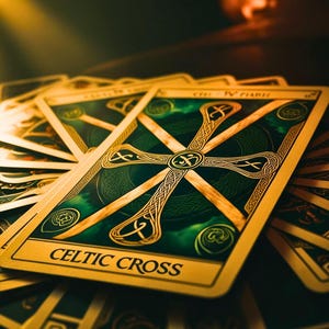 Puede incluir: Primer plano de una carta de tarot con un diseño de cruz celta. La carta es dorada con detalles verdes y negros. El texto "CELTIC CROSS" está impreso en la parte inferior de la carta.