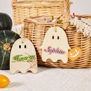 Personalized Ghost Halloween Basket Tag, Custom Wooden Name Tag, Boo Basket Name Tag for Kids, Trick or Treat Buckets