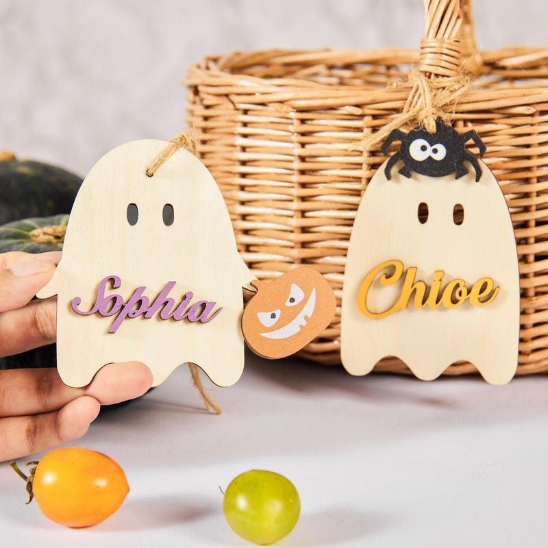 Personalized Ghost Halloween Basket Tag, Custom Wooden Name Tag with Pumkin or Spider, Boo Basket Name Tag for Kids & Trick or Treat Buckets