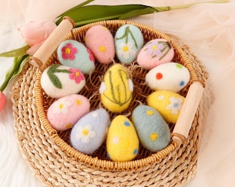 12 Uova Di Pasqua In Feltro Di Lana – Decorazioni Da Appendere, 6x4,5cm, Motivi Floreali E Coniglietti