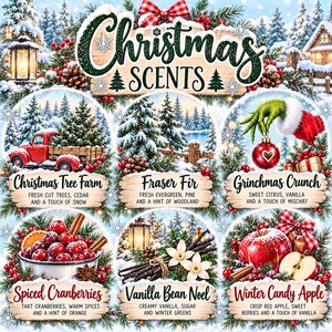 May include: A decorative sign titled Christmas Scents featuring six circular vignettes. Scenes include a red truck, snowy trees, a green hand holding an ornament, a bowl of cranberries, vanilla beans, and red apples, all accented with pine and bows.