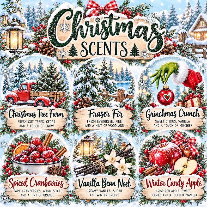 May include: A decorative sign titled Christmas Scents featuring six circular vignettes. Scenes include a red truck, snowy trees, a green hand holding an ornament, a bowl of cranberries, vanilla beans, and red apples, all accented with pine and bows.