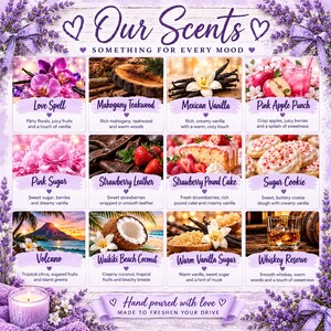 May include: A scent menu chart titled Our Scents Something For Every Mood, featuring twelve rectangular image panels with labels like Love Spell, Mahogany Teakwood, Mexican Vanilla, Pink Apple Punch, Pink Sugar, Strawberry Leather, Strawberry Pound Cake, Sugar Cookie, Volcano, Waikiki Beach Coconut, Warm Vanilla Sugar, and Whiskey Reserve.