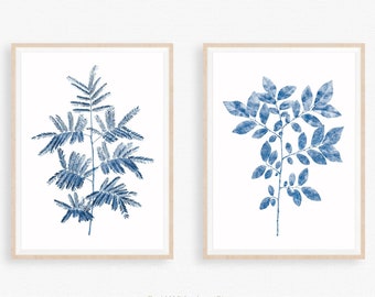 Set of two prints, Blue fern plant, Botanical printable, Blue leaf print, Botanical watercolor, Fern painting, Plant diptych, Indigo blue