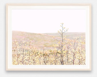 Flowers printable, Yellow flower photo, Pastel floral print, Bedroom decor, Dreamy wall art, Pink wall decor, Flower field, Modern botanical