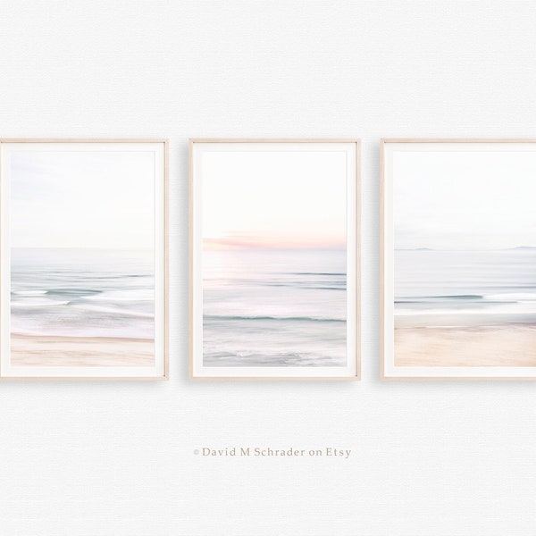 Set of 3 pastel seascape prints, Ocean triptych, Ocean print set, Minimalist seascape, Wave surf triptych, Beach print set, Wave print