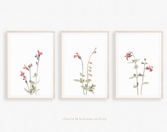 Set of 3 red flower prints, Red flower triptych, Botanical printable, Red wildflowers art, Botanical triptych, Minimalist flowers printable