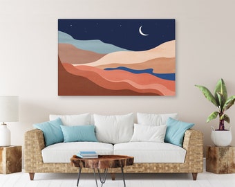 Abstract Boho night landscape print, Crescent moon printable, Minimalist wall decor, Boho desert mountains download, Oversized wall art