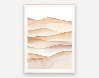 Watercolor landscape print, Abstract mountain range, Minimalist wall art, Boho desert painting, Beige watercolor printable decor