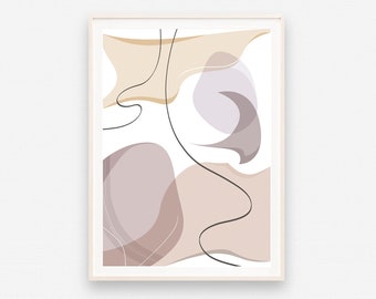 Abstract geometric wall art, Beige brown line drawing, Modern abstract art print, Pastel Boho painting, Mid century artwork, Organic shapes