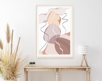 Abstract geometric wall art, Beige brown line drawing, Modern abstract art print, Pastel Boho painting, Mid century artwork, Organic shapes