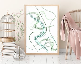 Abstract geometric print, Blue green line drawing, Modern abstract art print, Abstract Boho painting, Mid century artwork, Organic shapes