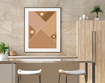 Abstract geometric printable wall art, Mid century modern art print, Graphic line artwork, Beige brown Boho print, Graphic art poster