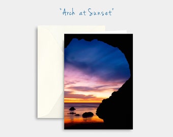 Sunset note card, Seascape notecard, California coast ocean sunset, Pacific coastal photography, Greeting card stationery, Arch rock photo
