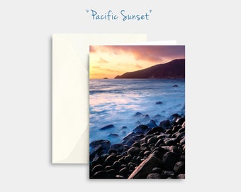 Seascape note card, Seascape notecard, California sunset, Pacific coast greeting card, Pacific sunset art, Ocean stationery, Rocky coast