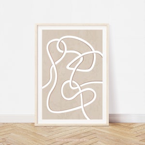 May include: Abstract art print with a beige background and white lines forming a swirling pattern.