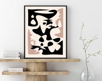 Abstract Boho black and beige print, Modern abstract printable, Mid century modern wall art, Neutral tone wall decor, Scandinavian print