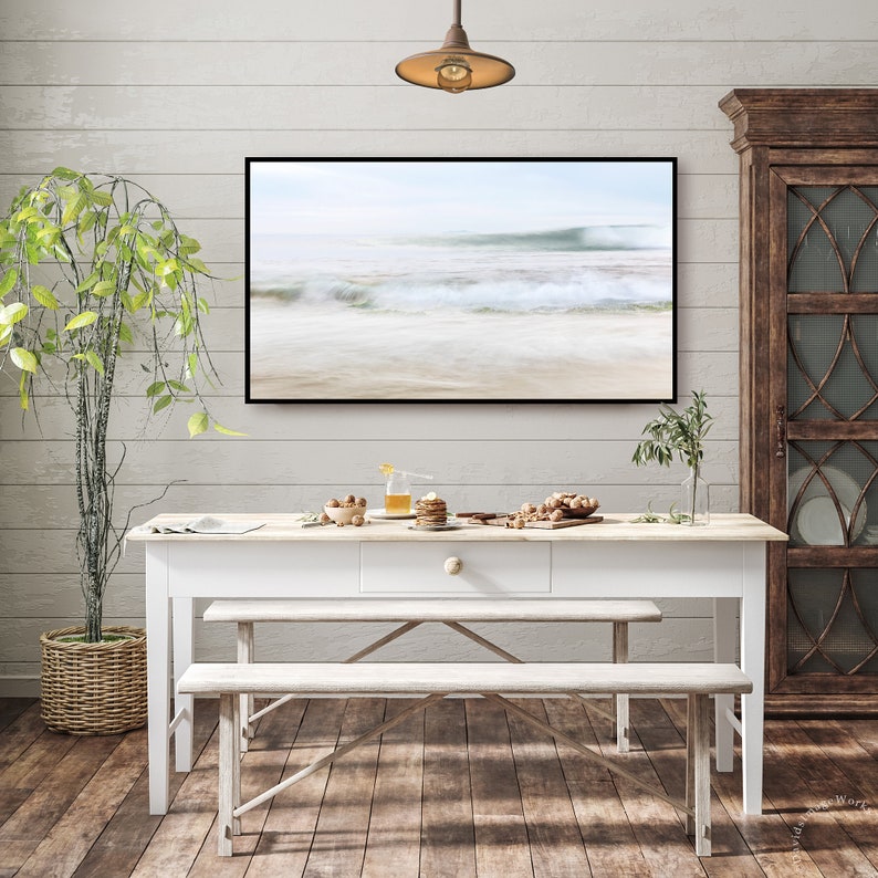 Samsung Frame TV minimalist ocean wave art, Seascape artwork, Abstract wave photograph, Surf beach download, Pastel sea, Neutral photography image 2
