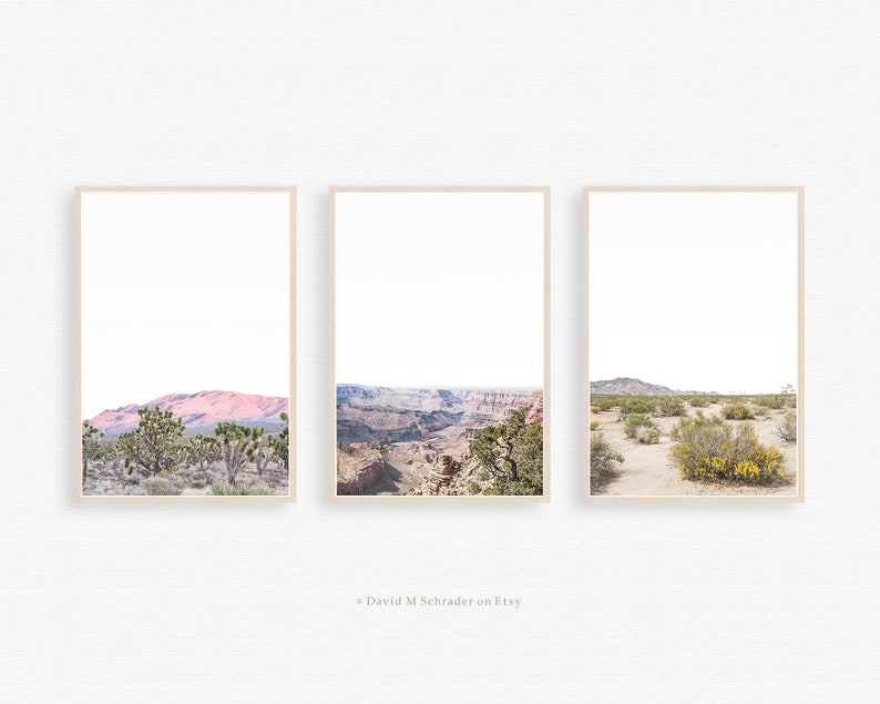 May include: A set of three framed landscape prints showcasing desert scenery. The prints feature a mountain range, a canyon, and a desert landscape with Joshua trees and yellow flowering bushes. The frames are a light beige colour.