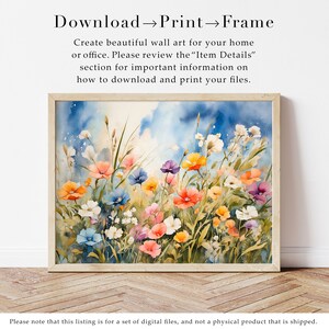 Flower watercolor download, Spring flowers print, Floral artwork, Flower field watercolor painting, Wildflower print, Summer printable image 6
