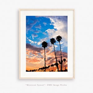 California palm tree sunset photograph, Dramatic cloud art, Cloud photography, Moody sky photo, Santa Barbara print, Silhouette