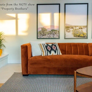 May include: A contemporary living room with a burnt orange sofa and decorative cushions. Three framed landscape prints are displayed above the sofa. A yellow potted plant sits on a white fireplace mantel. A round wooden coffee table is in front of the sofa.