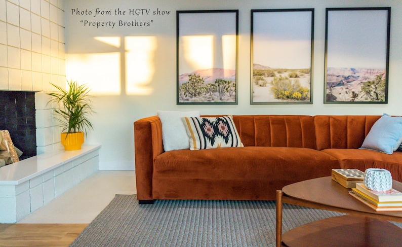 May include: A contemporary living room with a burnt orange sofa and decorative cushions. Three framed landscape prints are displayed above the sofa. A yellow potted plant sits on a white fireplace mantel. A round wooden coffee table is in front of the sofa.